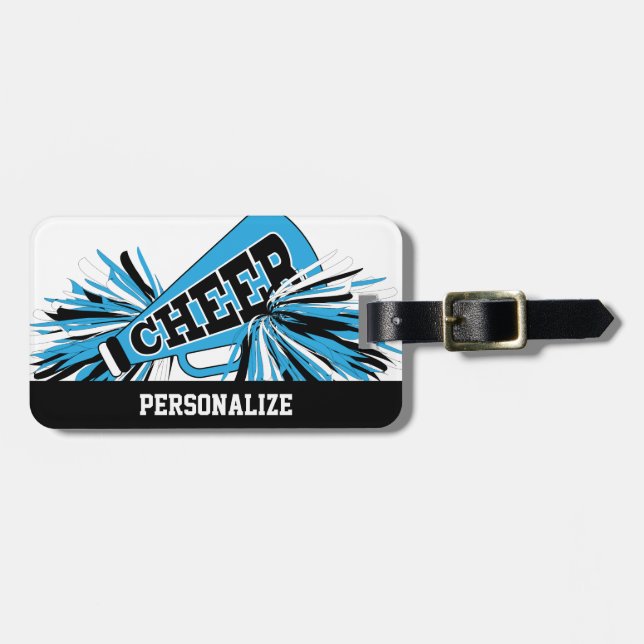 Étiquette À Bagage Bébé Pom-pom girl bleu, blanc et noir Mégaphone (Devant horizontal)