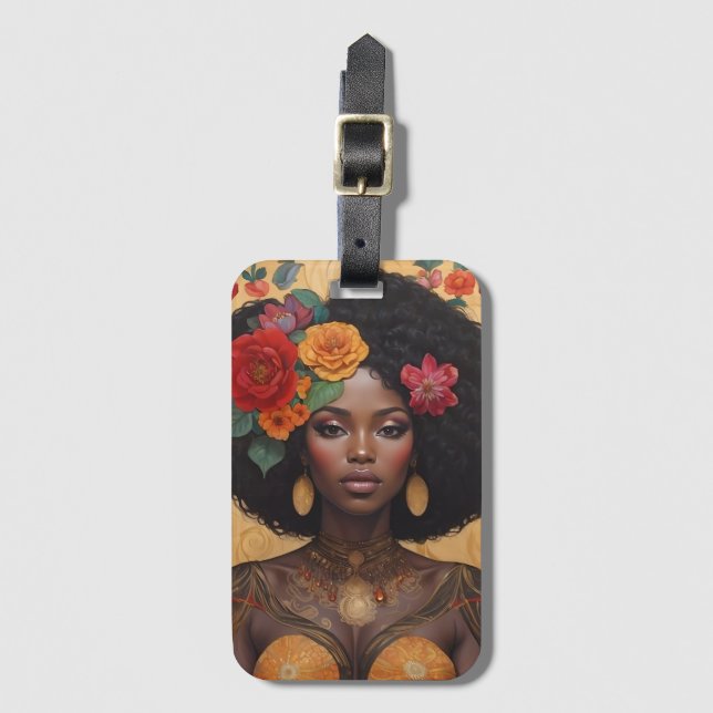 Étiquette À Bagage Belle Africaine Américaine Avec Fleurs (Devant Vertical)