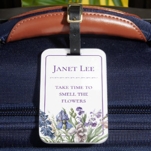 Étiquette À Bagage Belles fleurs violettes et cadre pourpre