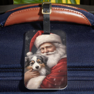 Étiquette À Bagage Berger australien avec Noël du Père Noël