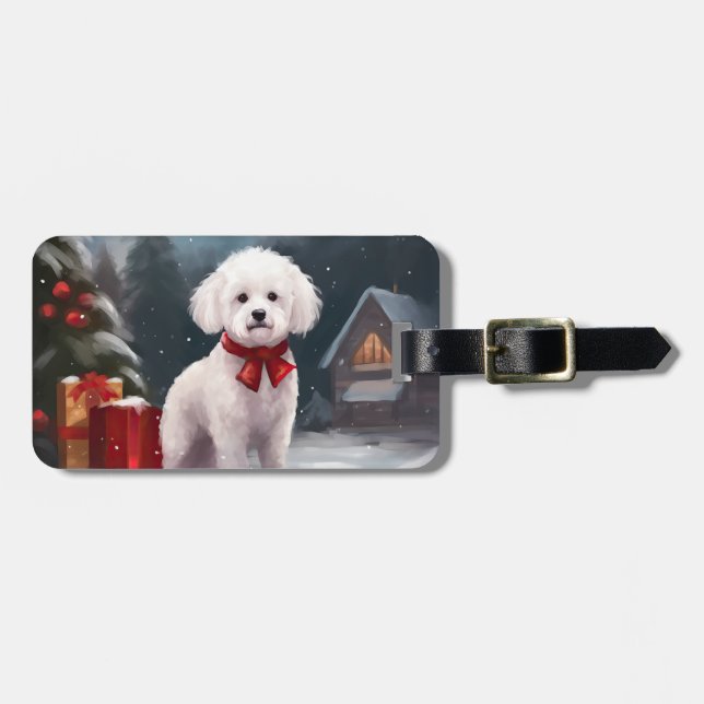 Étiquette À Bagage Bichon Frise Dog à Noël de neige (Devant horizontal)