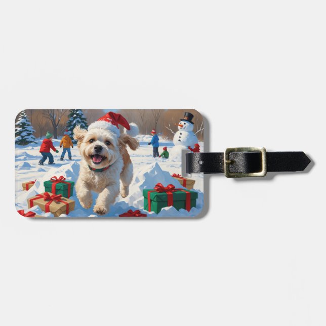 Étiquette À Bagage Bichon Frise Noël Festive Scène de neige (Devant horizontal)