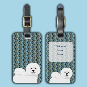 Étiquette À Bagage Bichon Frise personnalisé - Sage Blue Navy Chevron