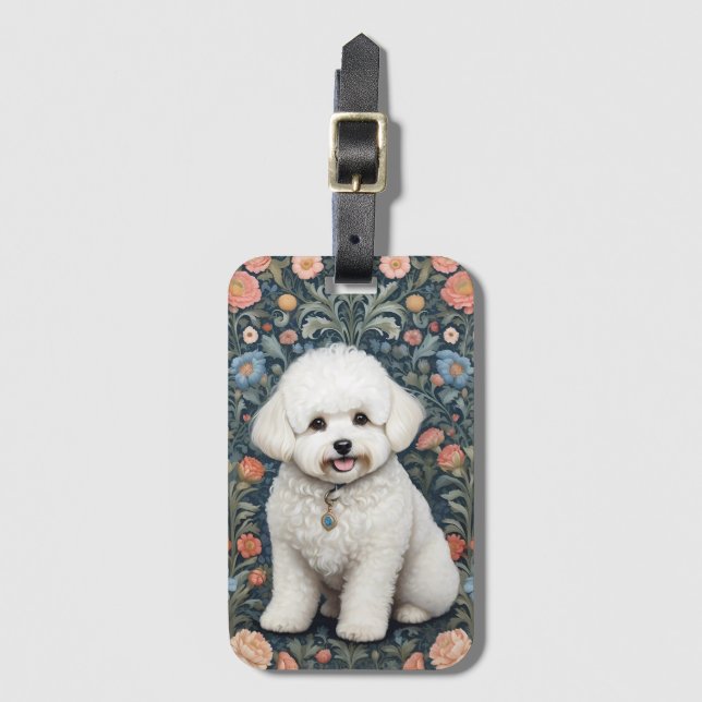 Étiquette À Bagage Bichon Frisé William Morris Inspiré Floral (Devant Vertical)