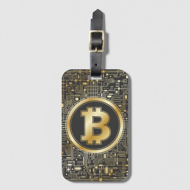 Étiquette À Bagage Bitcoin Logo Crypto Circuit Board Cryptomonnaie (Devant Vertical)