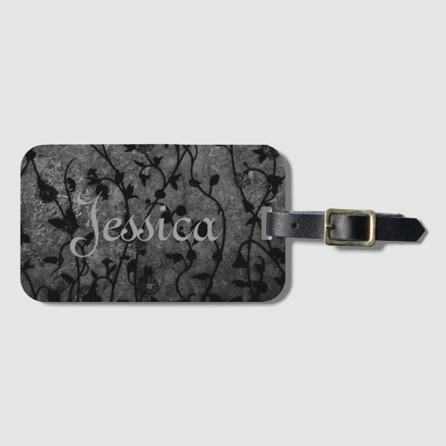 Étiquette À Bagage Black and White Gothic Antique Floral (Devant Horizontal)