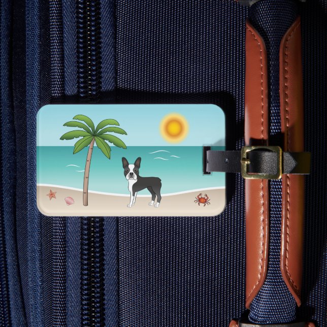 Étiquette À Bagage Black Boston Terrier À Une Plage Tropicale D'Été (Insitu Rectoal 4)