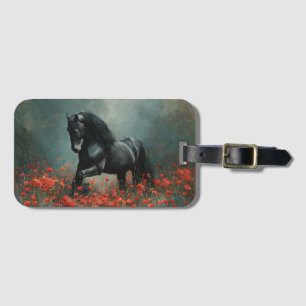 Étiquette À Bagage Black Friesian Stallion Red Poppies