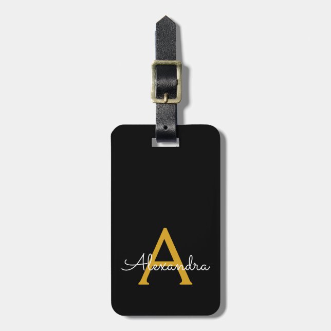 Étiquette À Bagage Black Gold Girl Script Monogramme Nom Moderne (Devant Vertical)