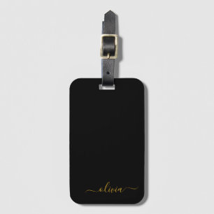 Étiquette À Bagage Black Gold Girl Script Monogramme Nom Moderne