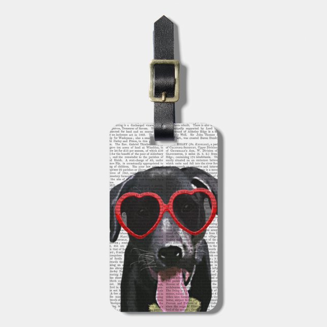 Étiquette À Bagage Black Labrador Avec Lunettes de soleil Coeur (Devant Vertical)