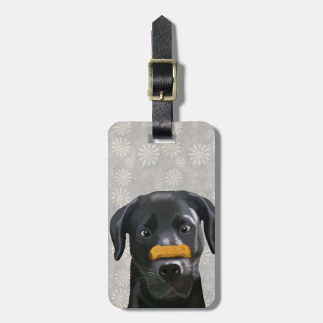 Étiquette À Bagage Black Labrador avec os sur le noeud 2 (Devant Vertical)