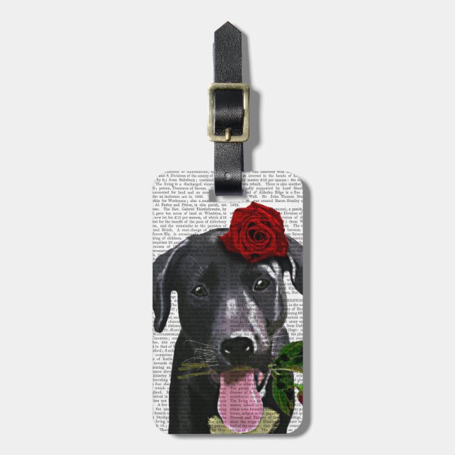 Étiquette À Bagage Black Labrador avec Roses 2 (Devant Vertical)