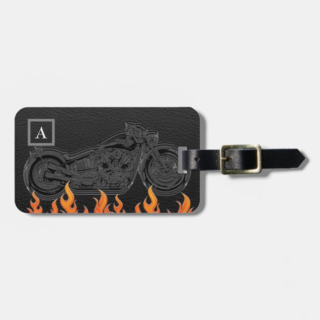 Étiquette À Bagage Black Leather Orange Flames (Devant horizontal)