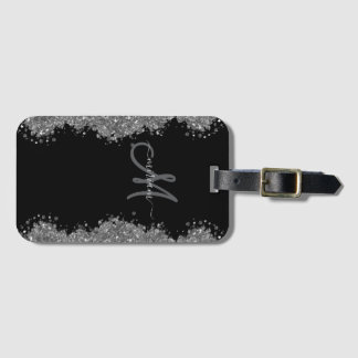 Étiquette À Bagage Black Silver Faux Glitter Grey Modern Monogram