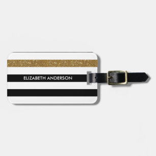 Étiquette À Bagage Black Stripes FAUX Gold Glitz et Nom