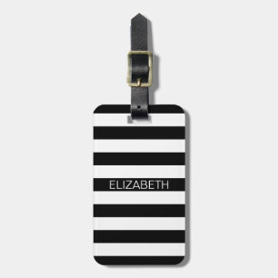 Étiquette À Bagage Black White Horizontal Preppy Stripe Nom monogram