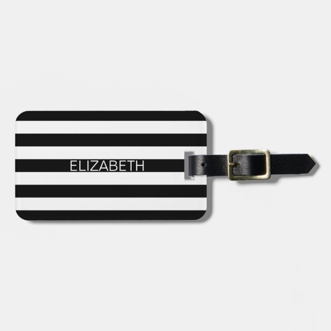 Étiquette À Bagage Black White Horizontal Preppy Stripe Nom monogram (Devant horizontal)