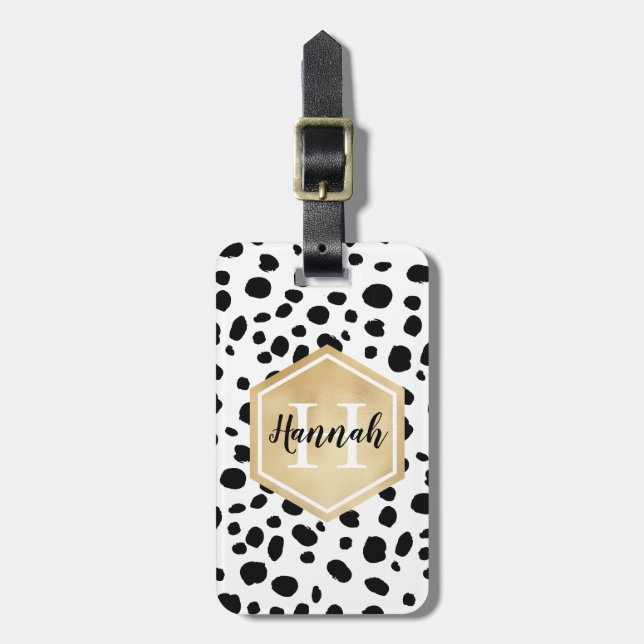 Étiquette À Bagage Black White Spots Motif Gold Monogramme (Devant Vertical)