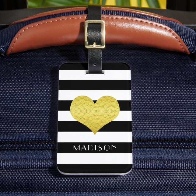 Étiquette À Bagage Black White Stripes Faux Gold Heart (Insitu Rectoal 2)