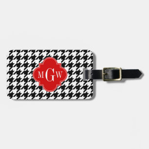 Étiquette À Bagage Black Wht Houndstooth Red Quatrefoil