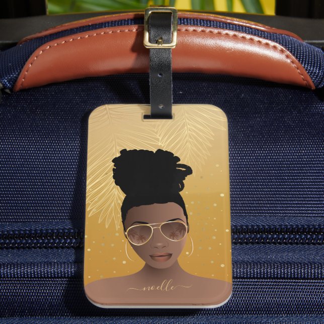 Étiquette À Bagage Black Woman, Gold Shades & Palm Feuille Yellow Gol (Insitu Rectoal 2)