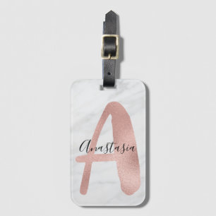 Étiquette À Bagage Blanc Chic & Marbre Gris Rose Or A Monogramme Nom