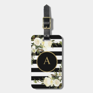 Étiquette À Bagage Blanc de noir de monogramme d'or de ROSES BLANCS
