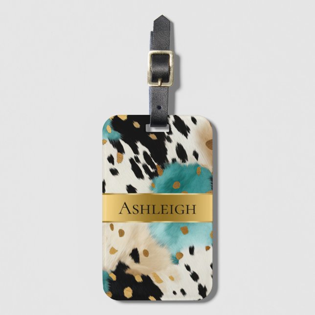 Étiquette À Bagage Blanc Or Turquoise noir Nom de la vache (Devant Vertical)