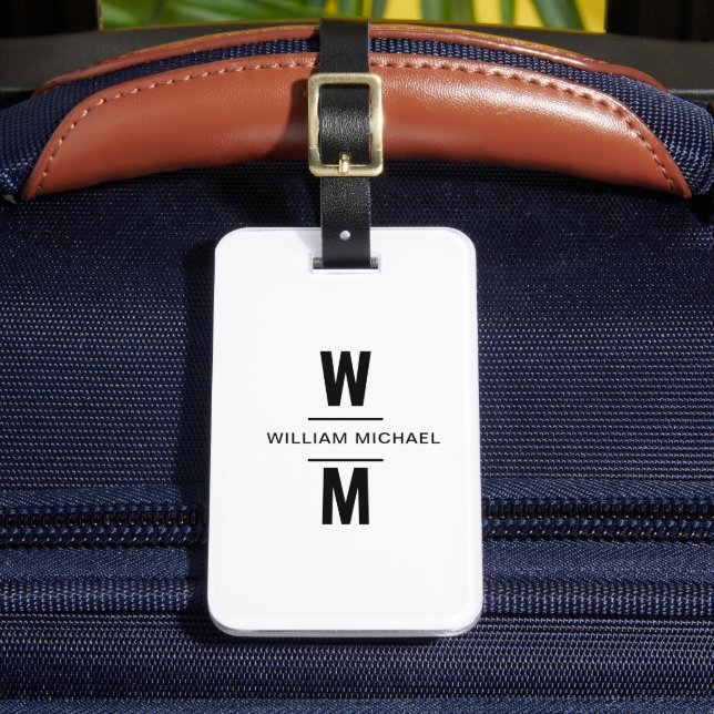 Étiquette À Bagage Blanc personnalisé Noir simple Moderne Monogramme  (Insitu Rectoal 2)