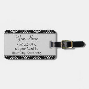 Étiquette À Bagage Blanc sur noir Damas et rayures avec Monogramme