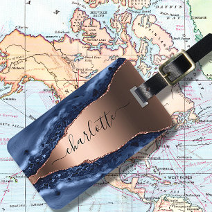 Étiquette À Bagage Bleu agate marbre rose or nom script
