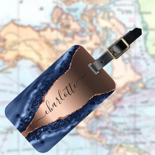 Étiquette À Bagage Bleu agate marbre rose or nom script