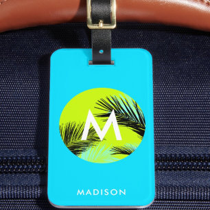 Étiquette À Bagage Bleu Aqua Clair avec Monogramme de Palmiers Tropic