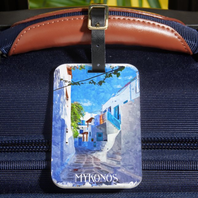 Étiquette À Bagage Bleu blanc élégant Mykonos Grèce Aquarelle (Insitu Rectoal 2)