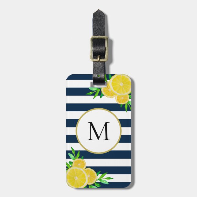 Étiquette À Bagage Bleu Blanc rayures Juicy Aquarelle Citron Monogram (Devant Vertical)
