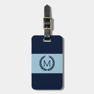 Étiquette À Bagage Bleu clair et monogramme de couronne de laurier de