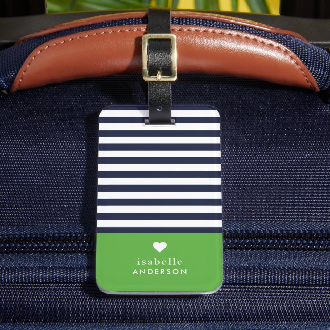 Étiquette À Bagage Bleu de marine et vert Chic rayures Coeur Monogram (Insitu Rectoal 2)