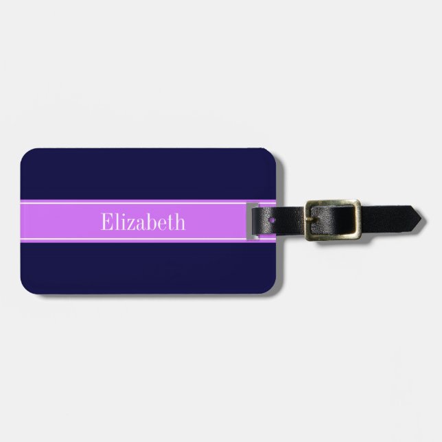 Étiquette À Bagage Bleu de marine solide, Lilac Nom du ruban Monogram (Devant horizontal)