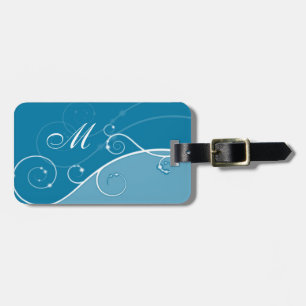 Étiquette À Bagage Bleu décoré d'un monogramme de remous élégants
