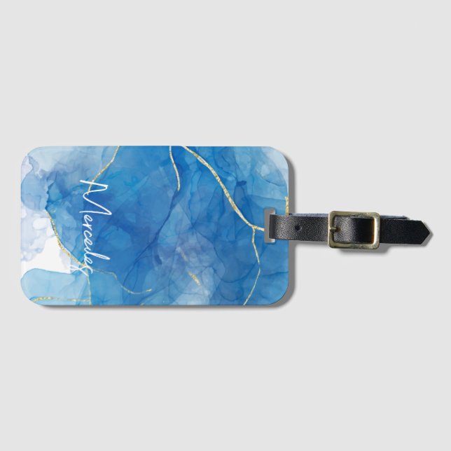 Étiquette À Bagage Bleu et blanc Agate Marbre Nom Abstrait Monogramme (Devant Horizontal)