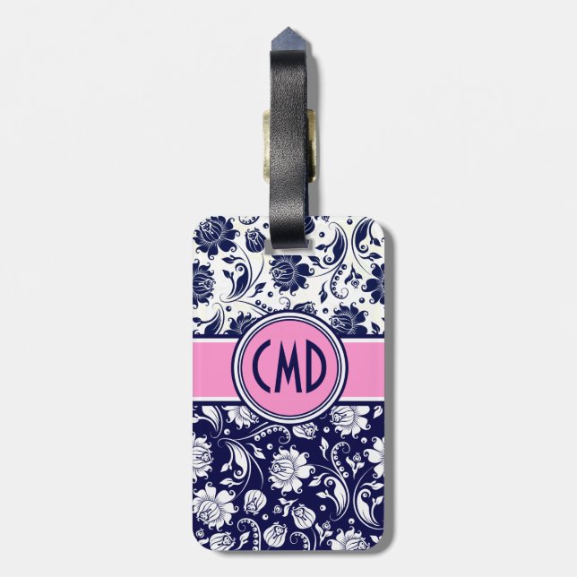 Étiquette À Bagage Bleu et blanc Damas Floral Accents rose 2 (Dos Vertical)