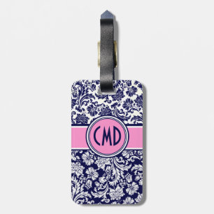Étiquette À Bagage Bleu et blanc Fleur Damas Accents rose 3