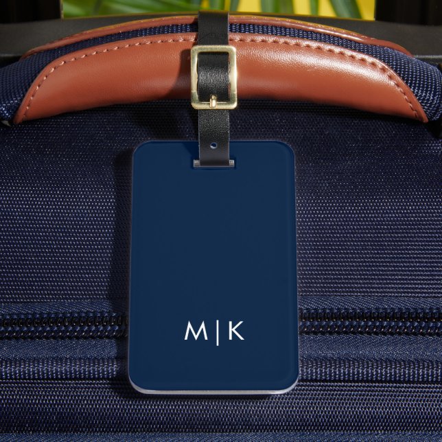 Étiquette À Bagage Bleu et blanc | Monogramme moderne (Insitu Rectoal 2)