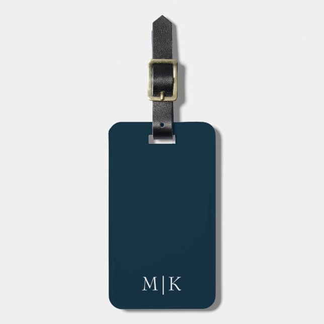 Étiquette À Bagage Bleu et blanc | Monogramme moderne (Devant Vertical)