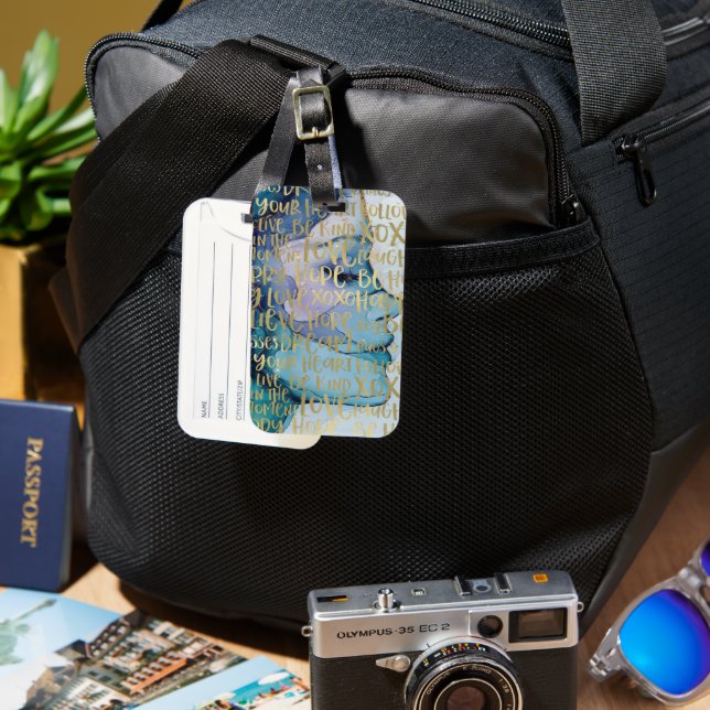 Étiquette À Bagage Bleu Femme Face Or Citations Inspirationnelles (Recto & Verso)