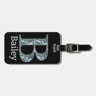 Étiquette À Bagage Bleu Floral Damask Imprimer B monogramme initiales