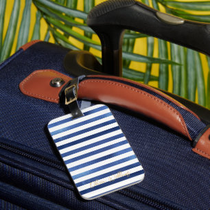 Étiquette À Bagage Bleu marine et rayures blanches design côtier naut