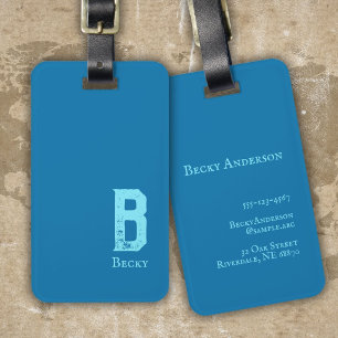 Étiquette À Bagage Bleu marine uni cyan initiales et nom