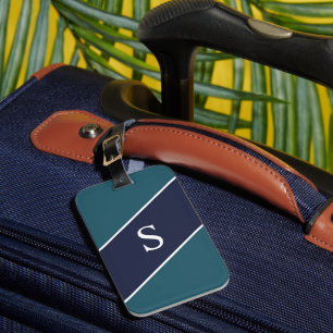 Étiquette À Bagage Bleu monogramme vert et bande géométrique marine